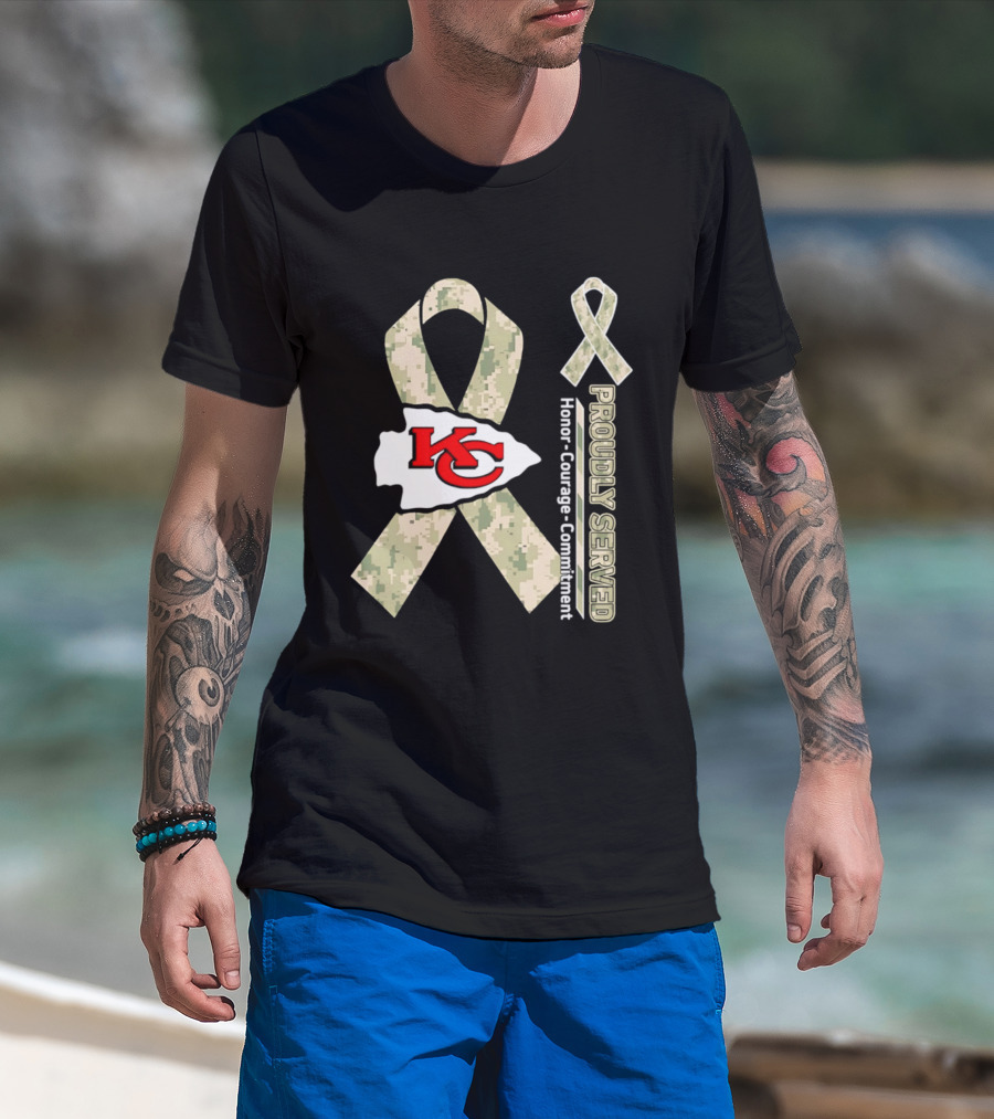 Kansas City Chiefs Military Support Honor Courage Commitment Kansas Camo Ribbon T-Shirt