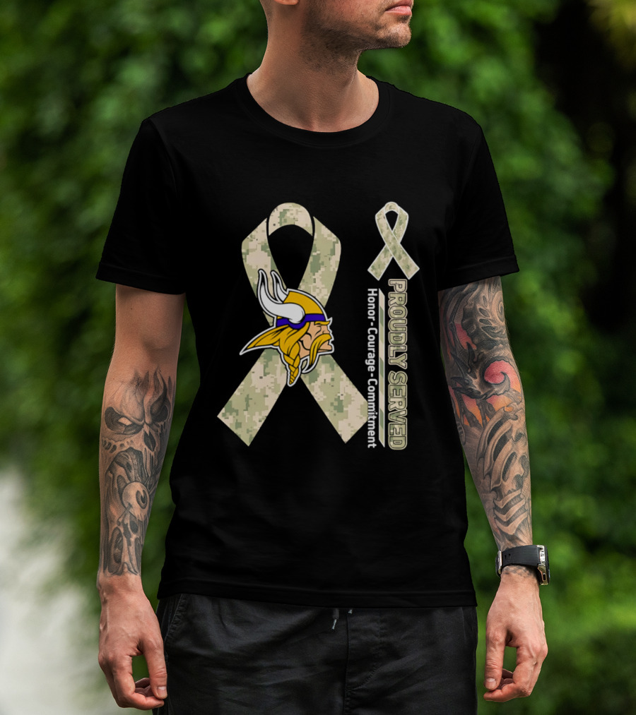Minnesota Vikings Proudly Served Honor Courage Commitment Camouflage Ribbon T-Shirt