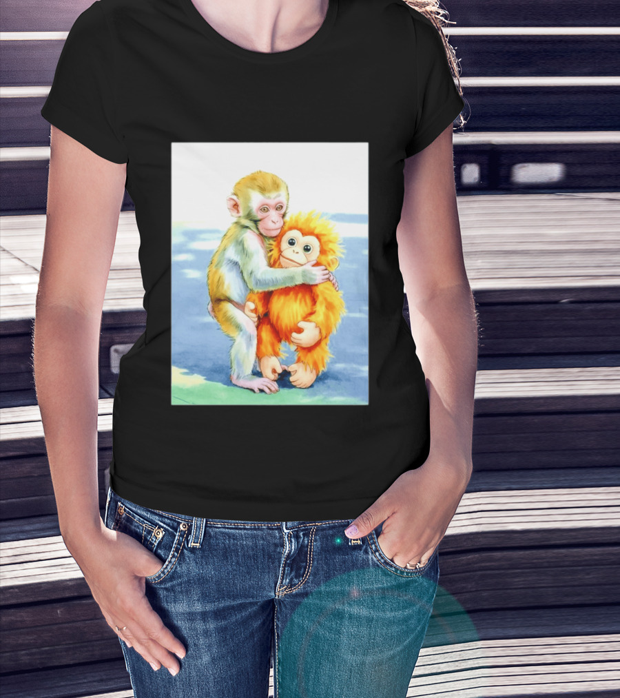 Adorable Monkey Cuddling Orange Plush Toy Scene T-Shirt