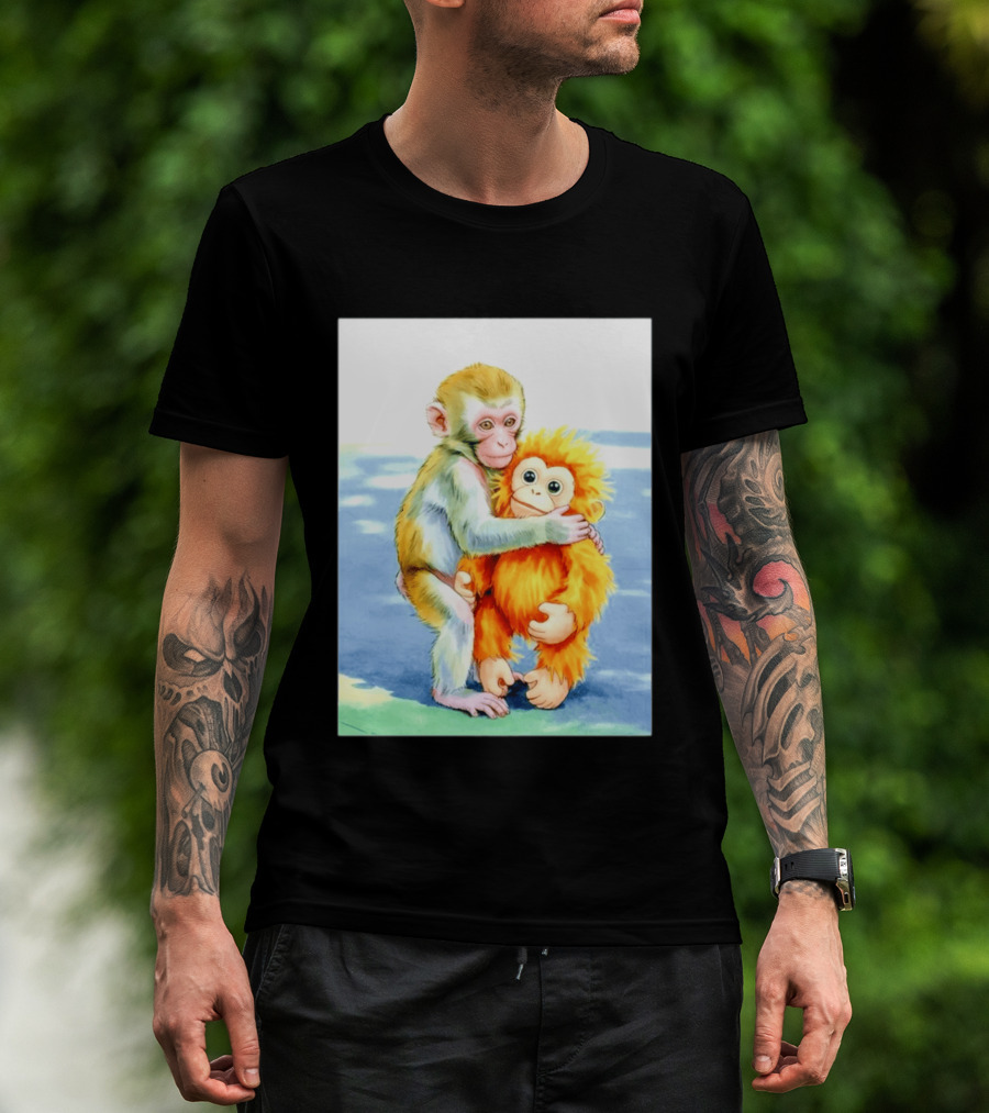 Adorable Monkey Cuddling Orange Plush Toy Scene T-Shirt