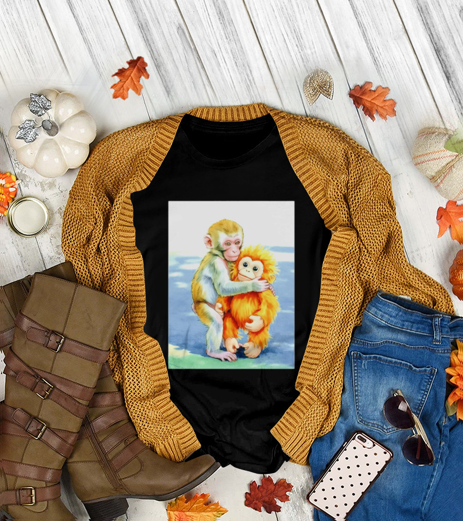 Adorable Monkey Cuddling Orange Plush Toy Scene T-Shirt