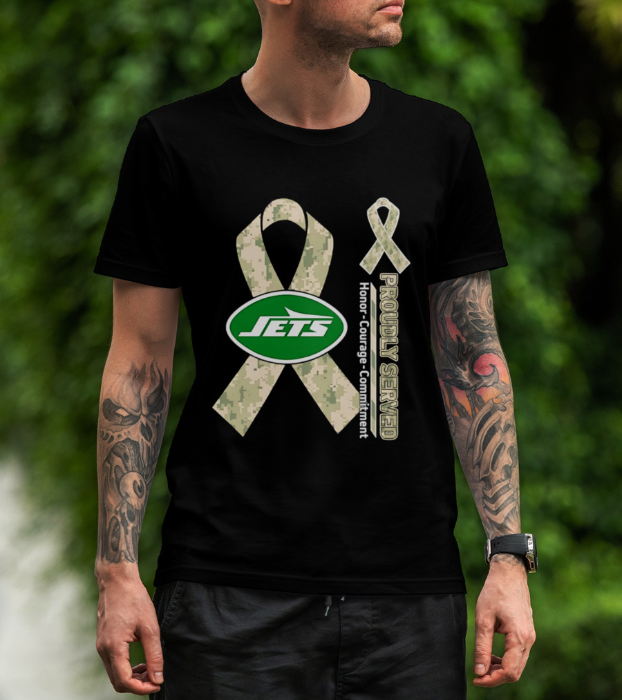 New York Jets Camo Ribbon Proudly Served Honor Courage Commitment T-Shirt
