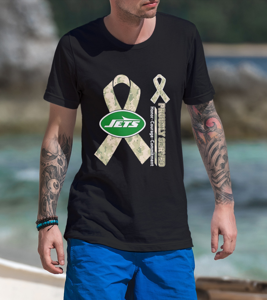 New York Jets Camo Ribbon Proudly Served Honor Courage Commitment T-Shirt