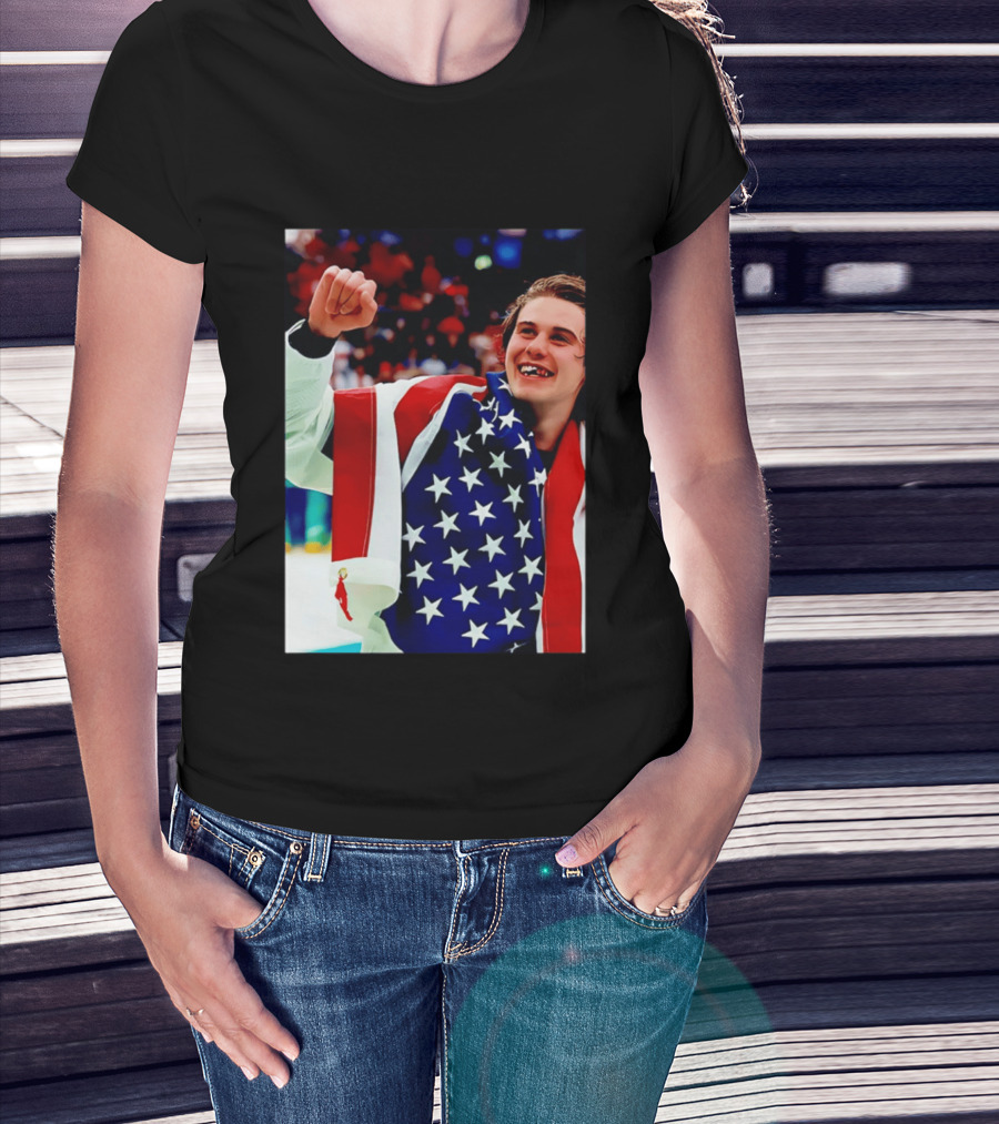 Jack Hughes Celebrating Team USA Hockey Star Spangled Moment T-Shirt