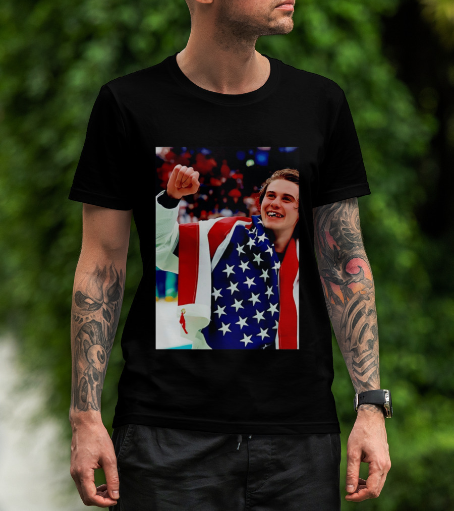 Jack Hughes Celebrating Team USA Hockey Star Spangled Moment T-Shirt