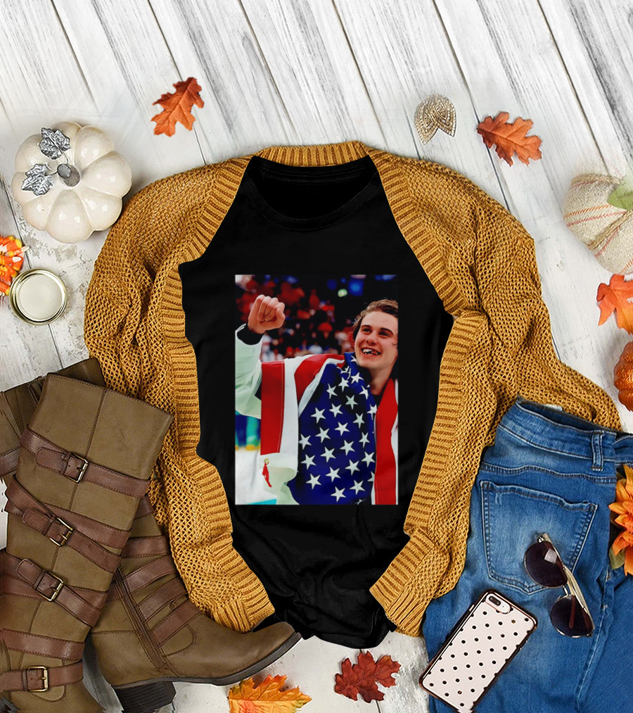 Jack Hughes Celebrating Team USA Hockey Star Spangled Moment T-Shirt