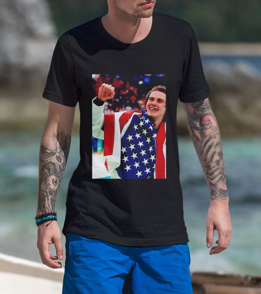 Jack Hughes Celebrating Team USA Hockey Star Spangled Moment T-Shirt