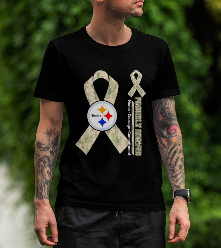 Pittsburgh Steelers Camouflage Ribbon Proudly Served Honor Courage Commitment T-Shirt