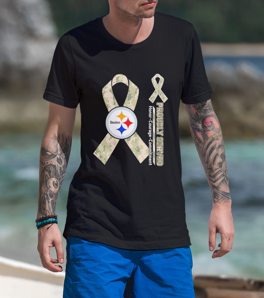 Pittsburgh Steelers Camouflage Ribbon Proudly Served Honor Courage Commitment T-Shirt