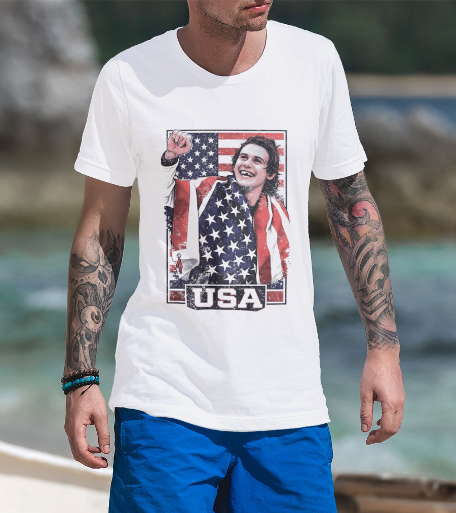 Jack Hughes USA Gold Medal Milano Cortina 2026 American Flag Hockey T-Shirt
