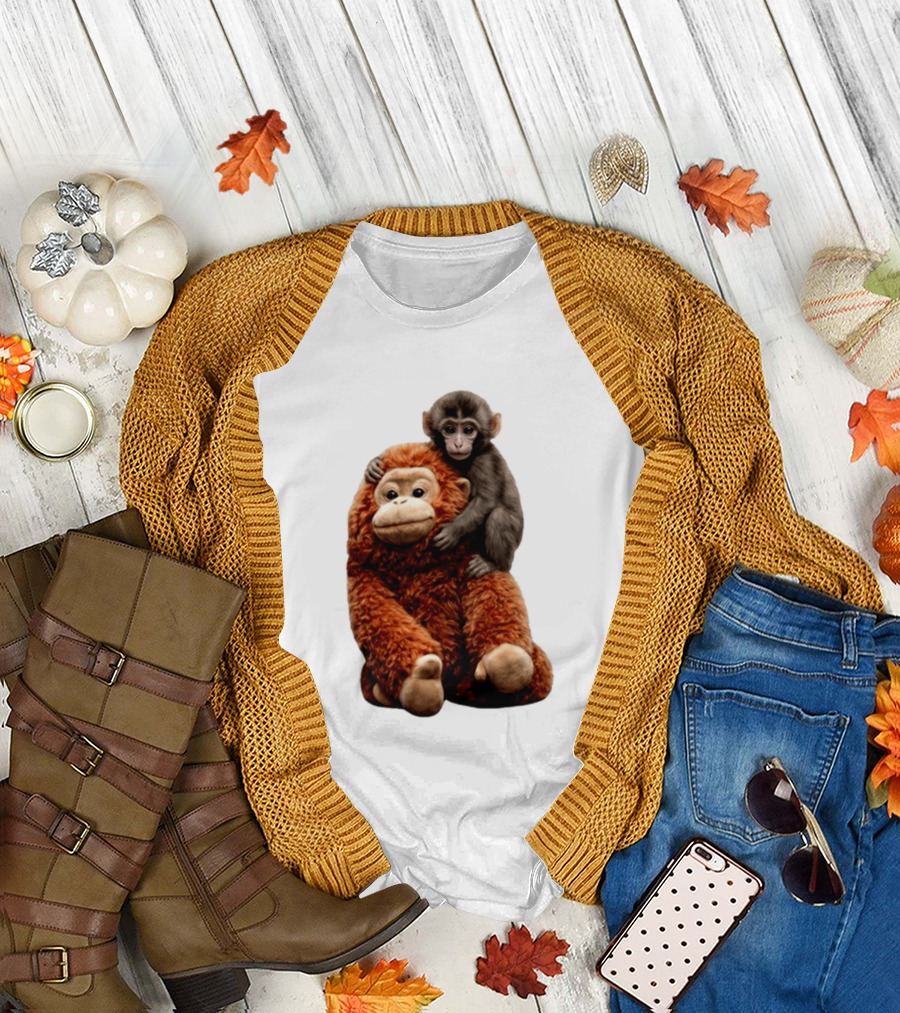 Monkey Punch Plush Toy and Baby Monkey Cuddling Image T-Shirt