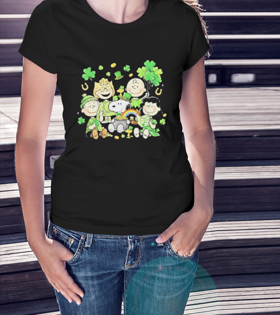 St. Patrick's Day Peanuts Snoopy And Friends With Shamrocks Horseshoes And Rainbow T-Shirt