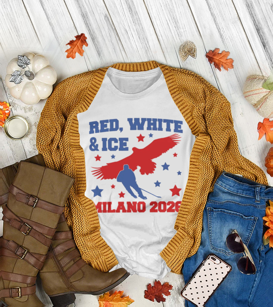Red White and Ice Milano 2026 USA Hockey Eagle and Stars T-Shirt