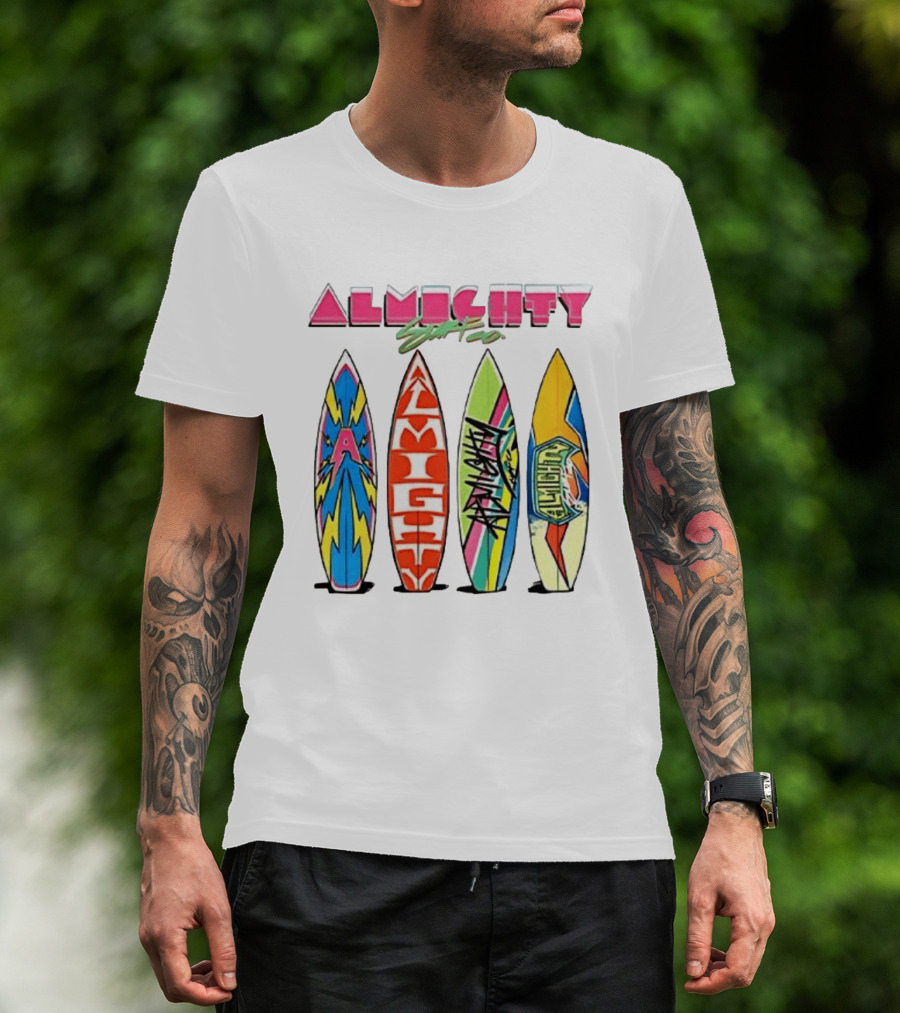 Almighty Surfs Up Collection Vibrant Surfboards T-Shirt