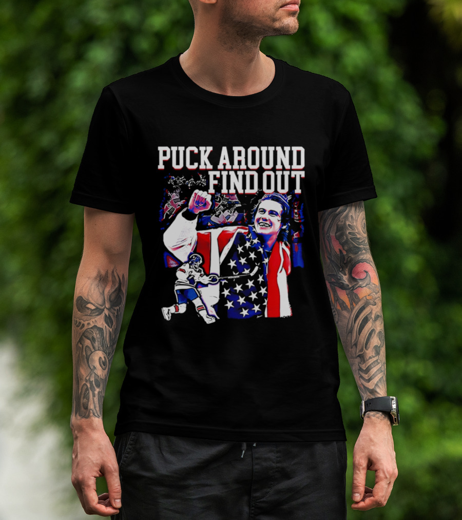 Puck Around Find Out Jack Hughes USA Hockey American Flag Celebration T-Shirt