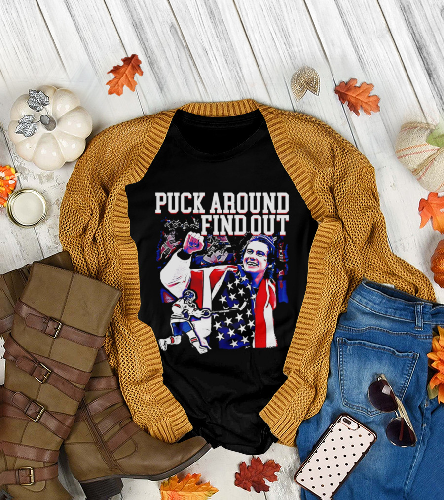 Puck Around Find Out Jack Hughes USA Hockey American Flag Celebration T-Shirt