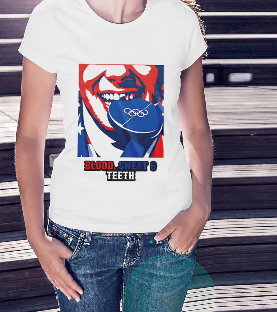 Blood Sweat Teeth Jack Hughes USA Olympic Hockey Gold Medal Champs T-Shirt