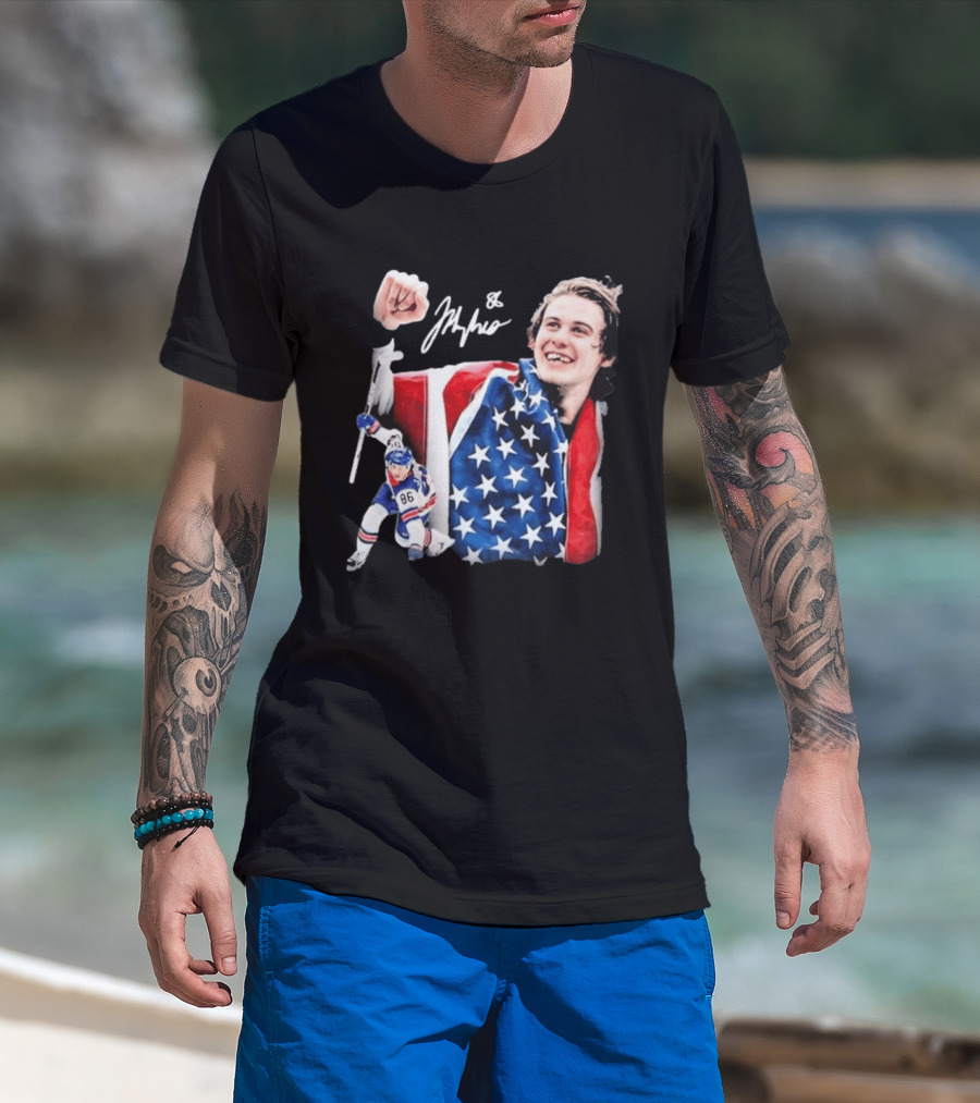 Jack Hughes USA Hockey Golden Goal Celebration T-Shirt