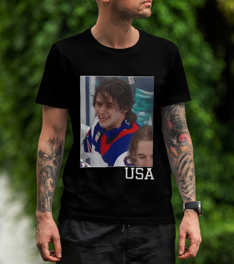 Jack Hughes 2026 Winter Olympic Team USA Smile Hockey T-Shirt
