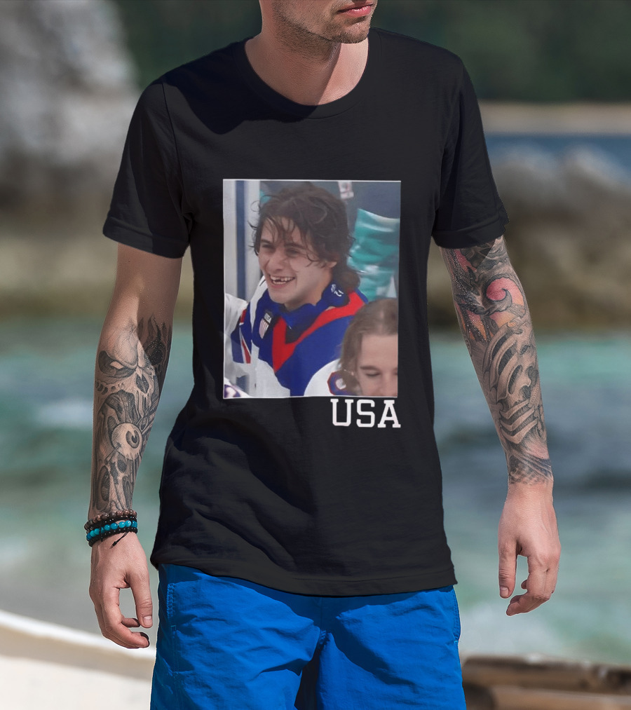 Jack Hughes 2026 Winter Olympic Team USA Smile Hockey T-Shirt