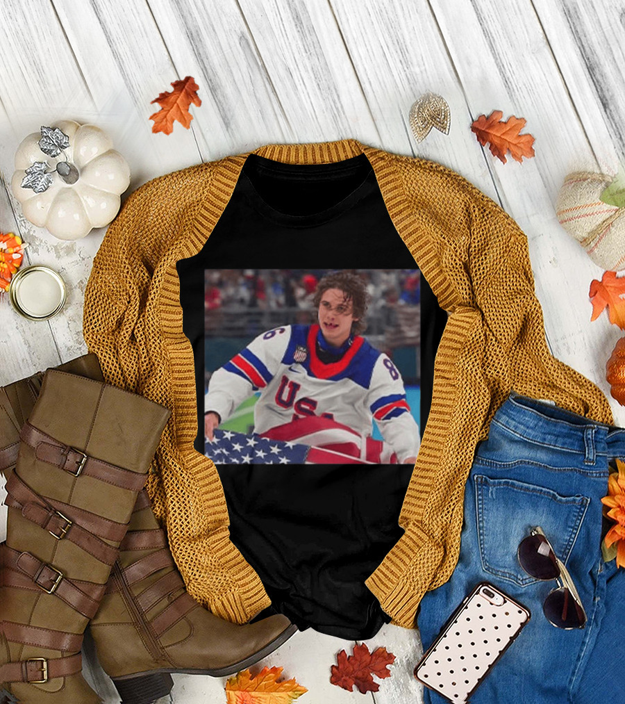 USA Hockey Jack Hughes Team 86 American Flag T-Shirt
