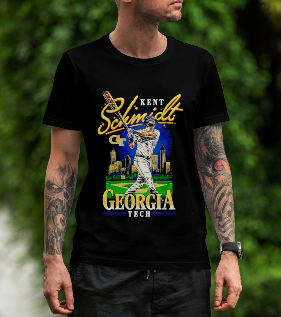 Kent Schmidt Georgia Tech Baseball Hot Dog Bat Skyline T-Shirt