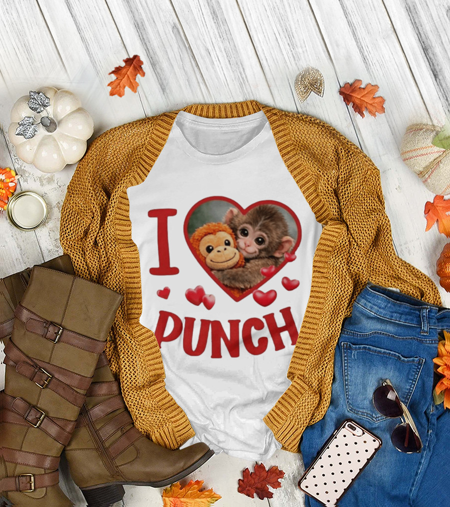 I Love Punch Heart Cute Monkey Hugging Furry Friend T-Shirt