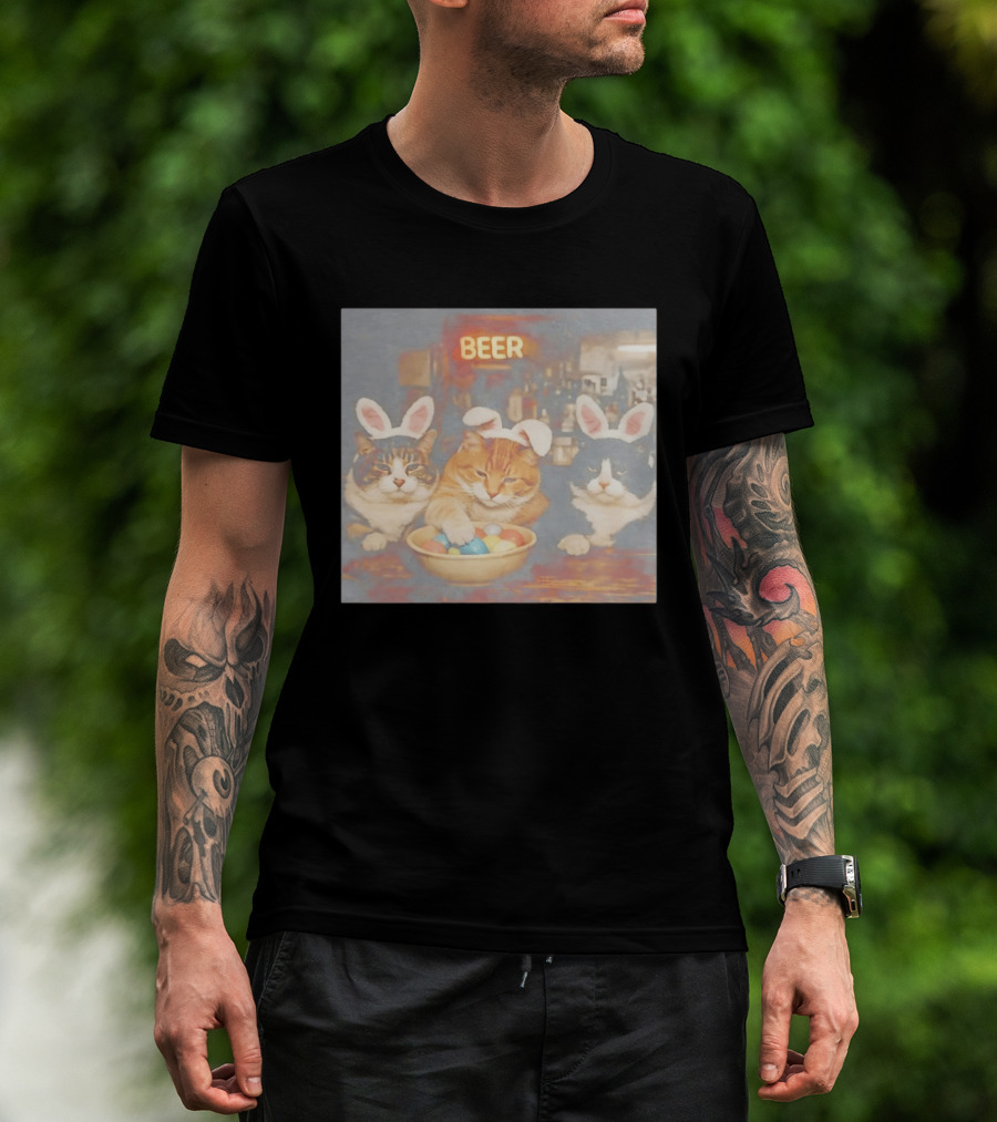 Beer Cat Trio Bunny Ears With Easter Eggs T-Shirt