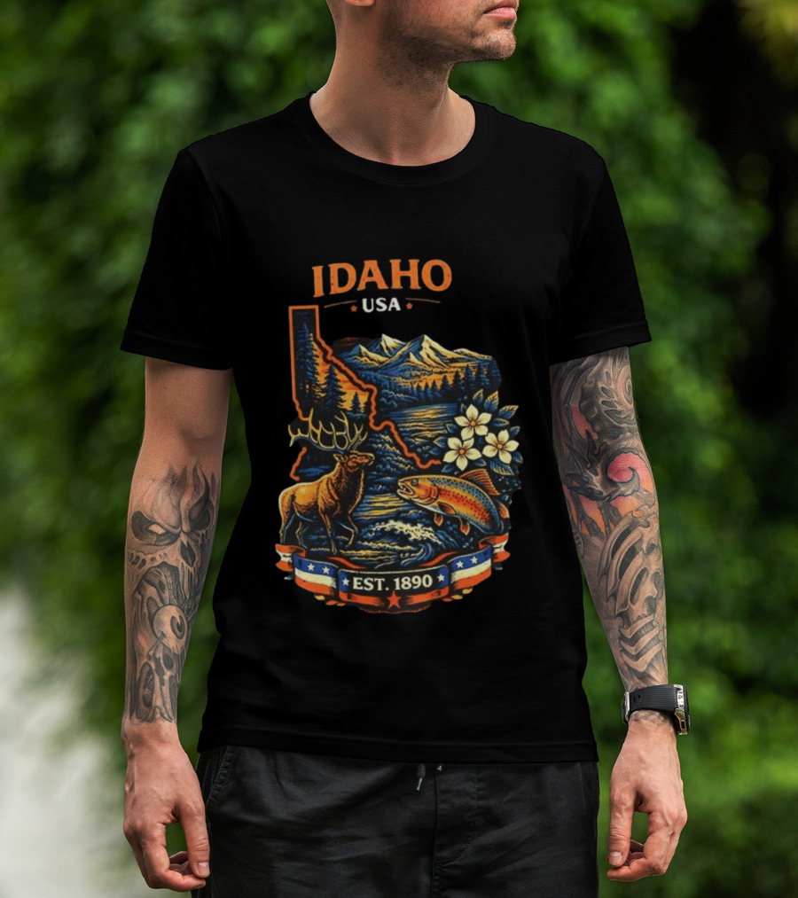 Idaho USA Est 1890 Wilderness Elk Trout Mountains T-Shirt