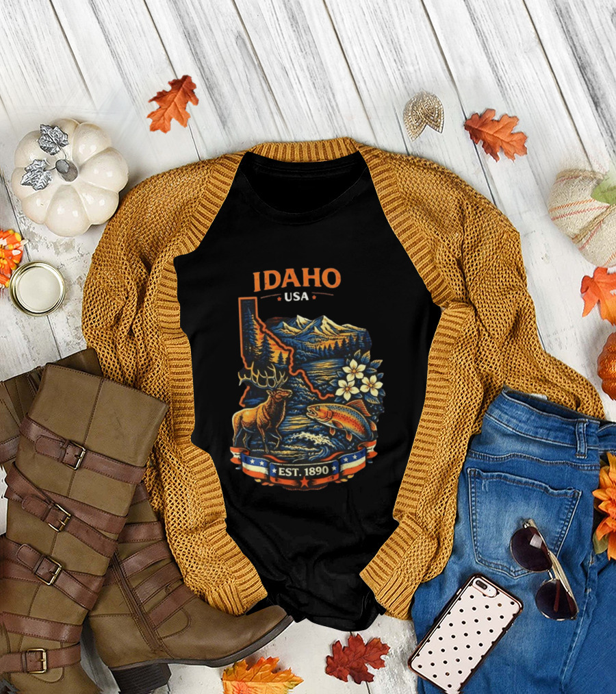 Idaho USA Est 1890 Wilderness Elk Trout Mountains T-Shirt