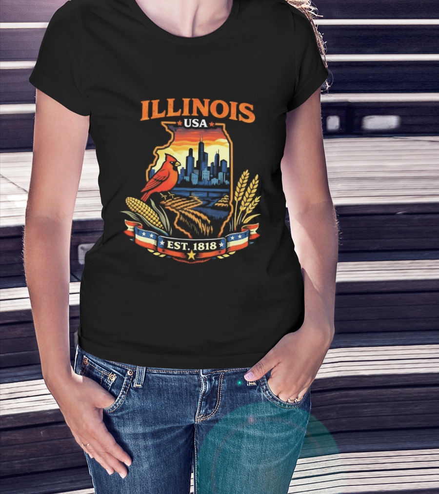 Illinois USA 1818 Cardinal Skyline Corn Wheat T-Shirt