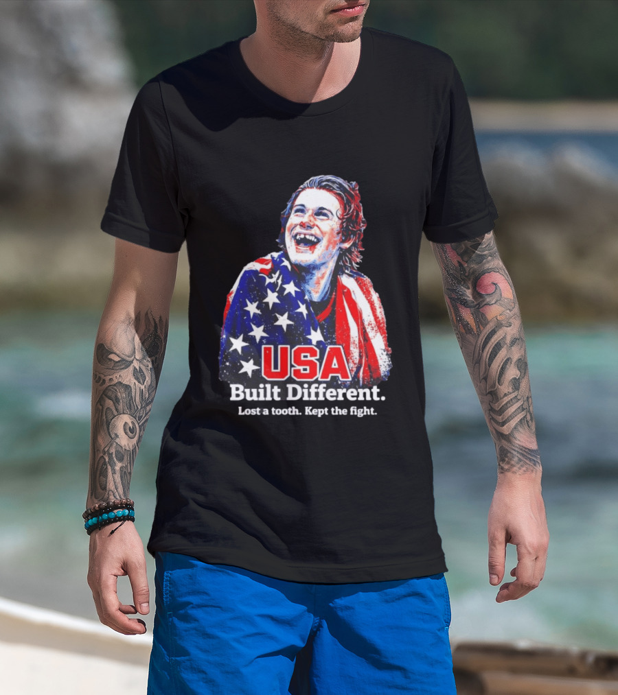 USA Gold Hockey Jack Hughes Built Different Lost A Tooth Kept The Fight T-Shirt