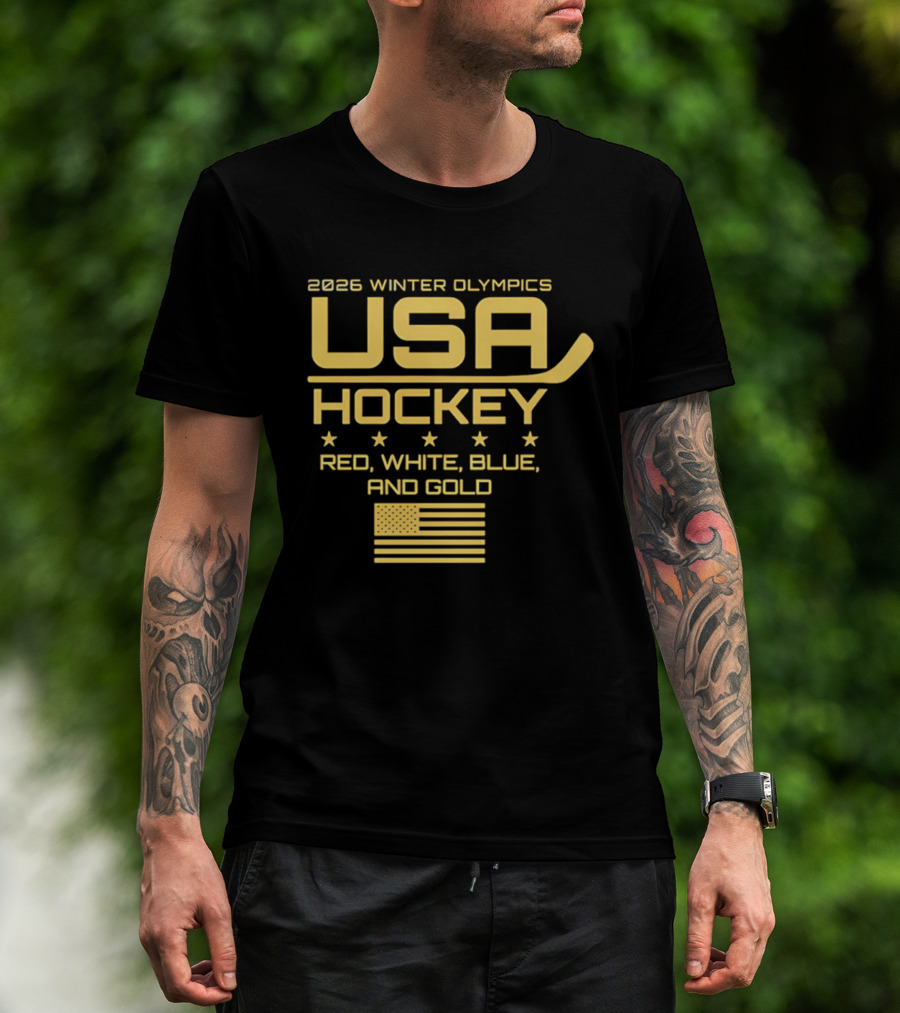 USA Hockey 2026 Winter Olympics Red White Blue Gold Flag T-Shirt