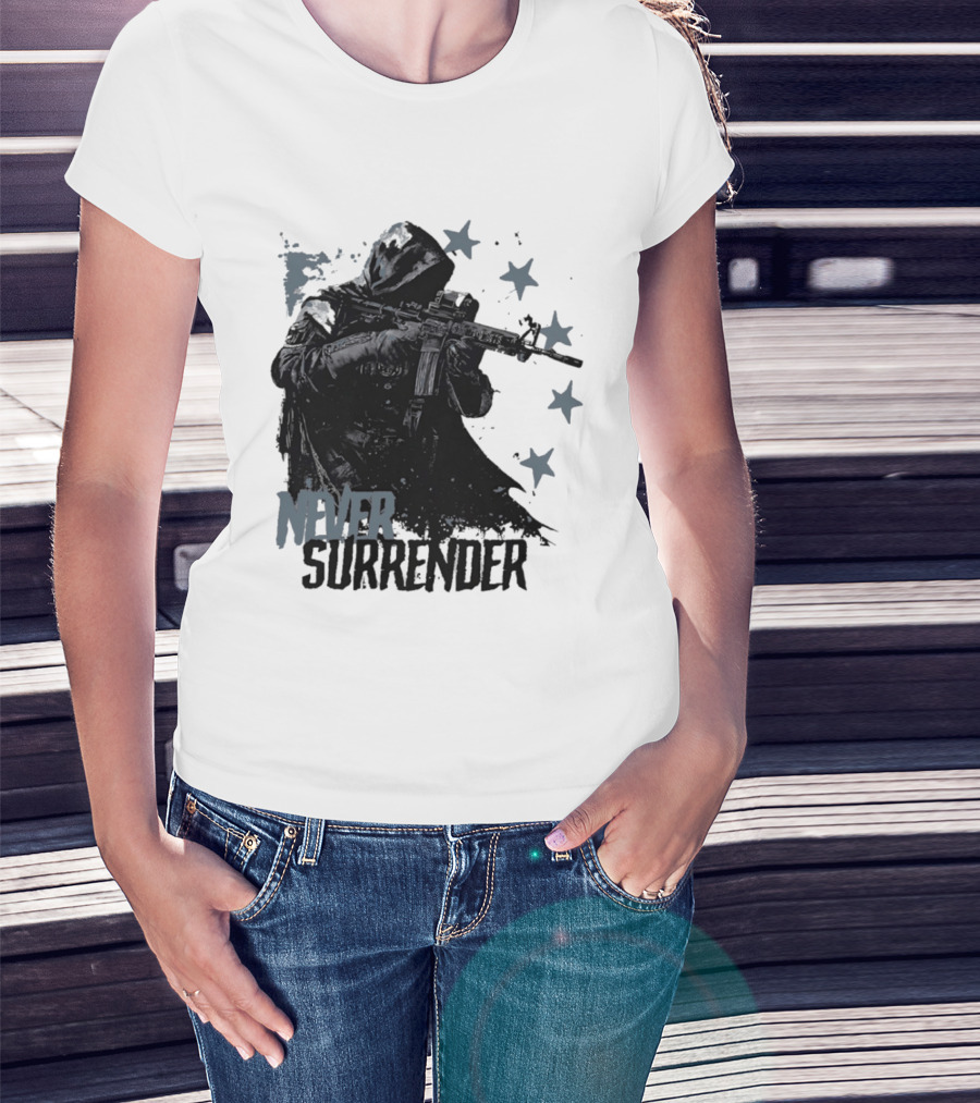 Never Surrender Reaper With Hooded Figure And Rifle T-Shirt