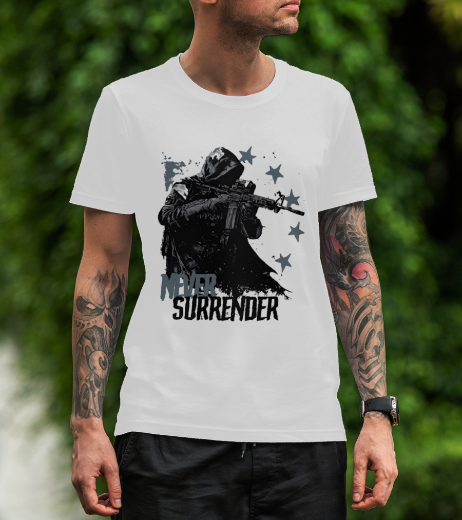 Never Surrender Reaper With Hooded Figure And Rifle T-Shirt
