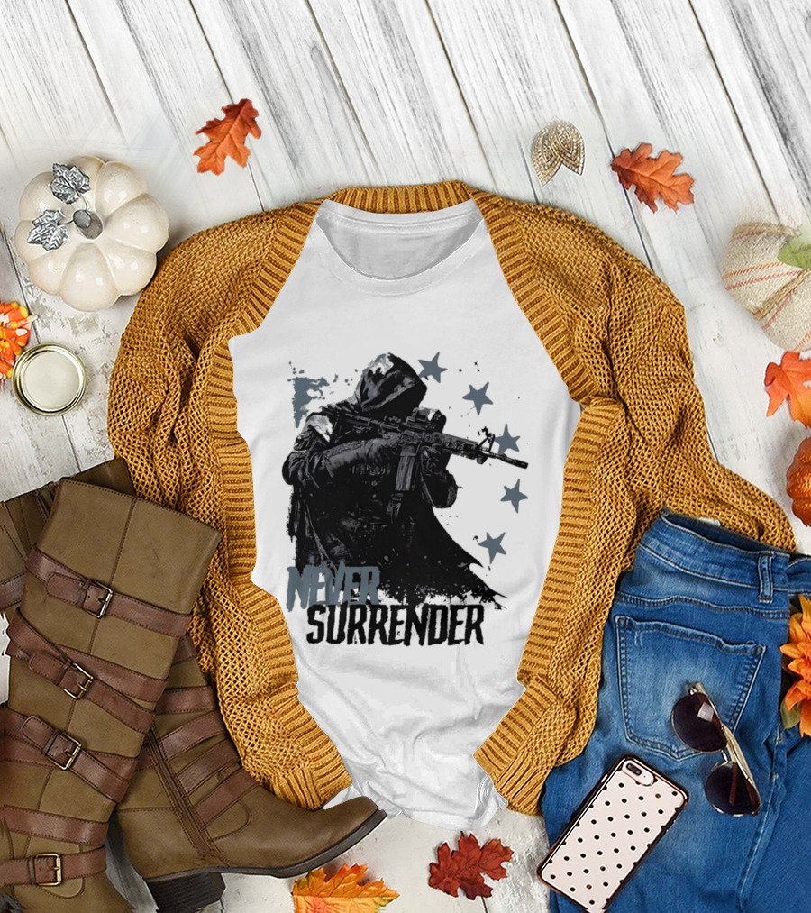 Never Surrender Reaper with Hooded Figure and Rifle T-Shirt