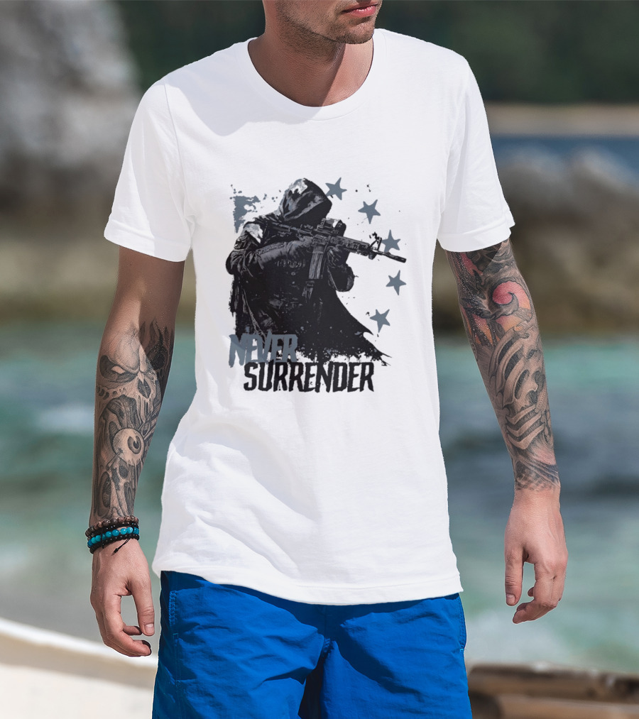 Never Surrender Reaper With Hooded Figure And Rifle T-Shirt