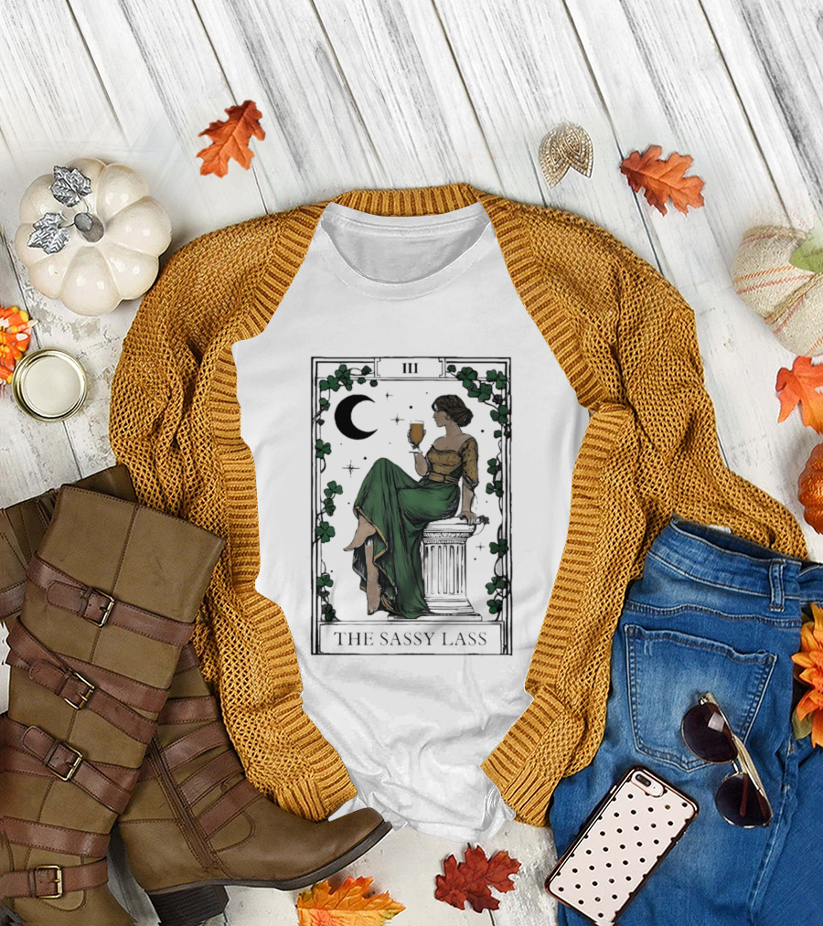 St Patrick's Day The Sassy Lass Tarot Card III Moon Clover T-Shirt