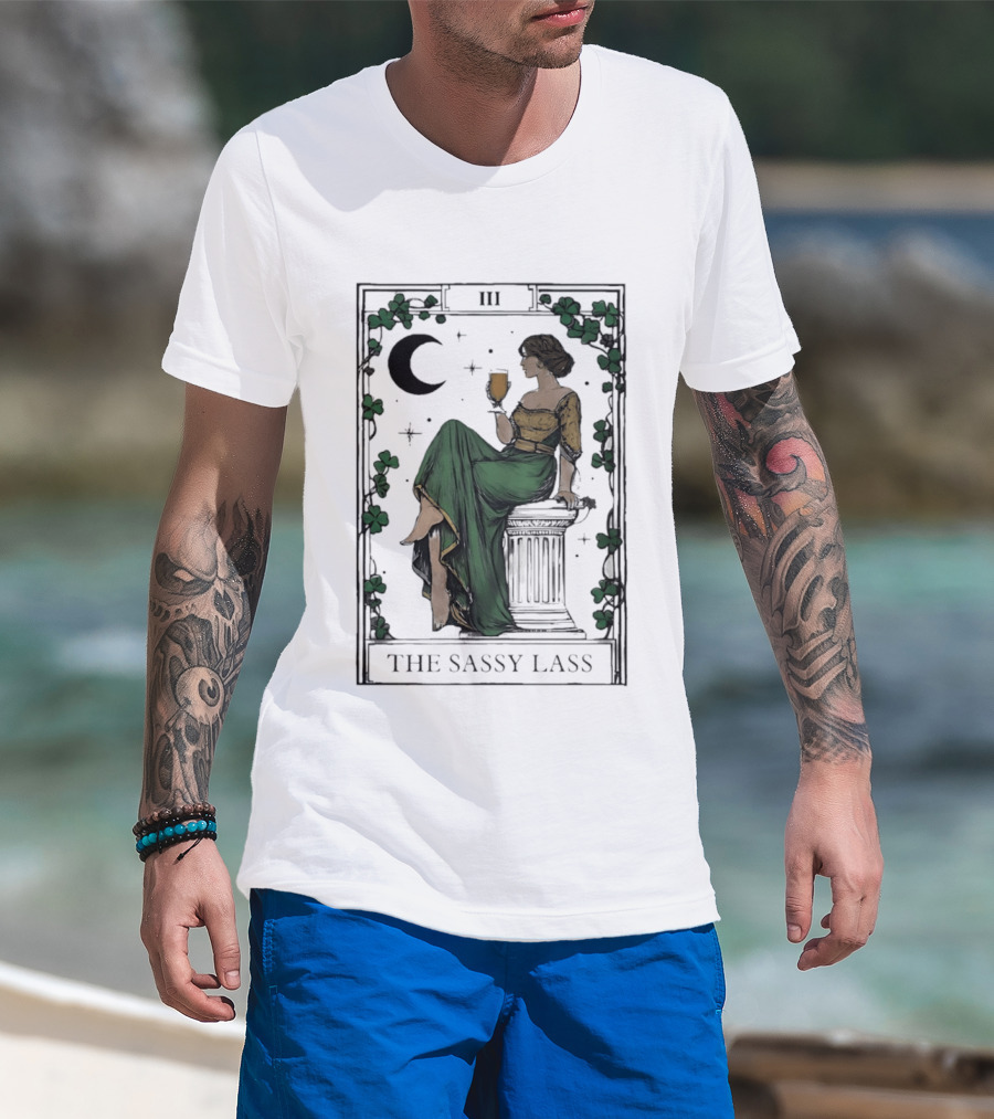 St Patrick's Day The Sassy Lass Tarot Card III Moon Clover T-Shirt
