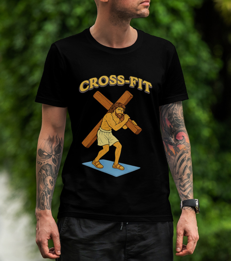Cross Fit Jesus Cartoon Carrying Cross T-Shirt