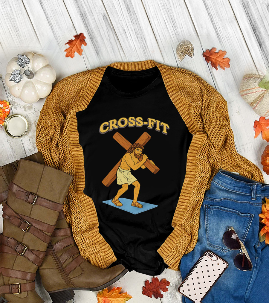 Cross Fit Jesus Cartoon Carrying Cross T-Shirt