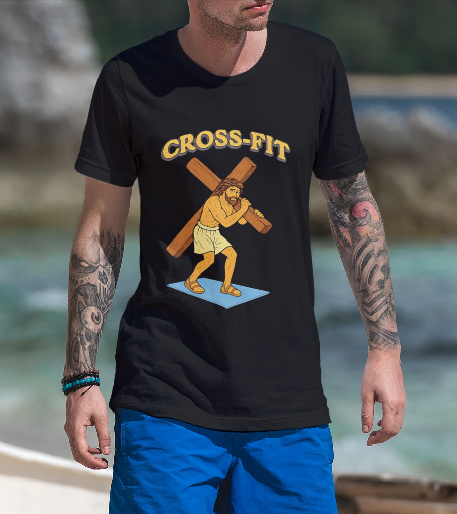 Cross Fit Jesus Cartoon Carrying Cross T-Shirt