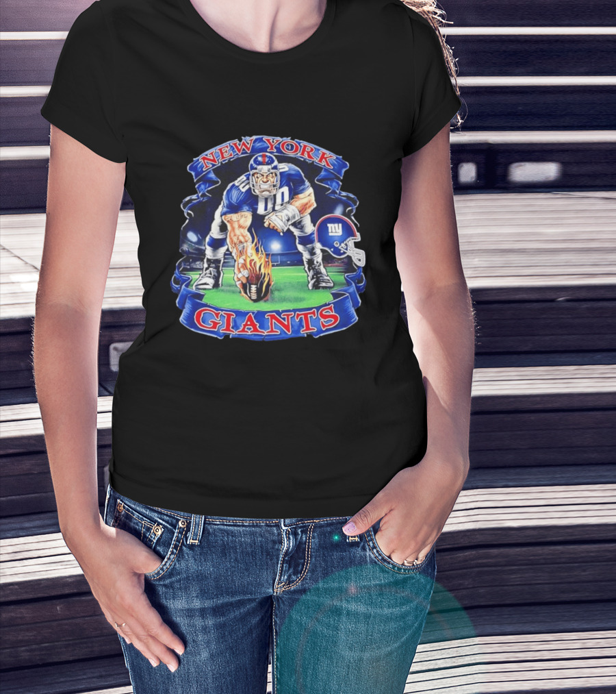 New York Giants Football Flame Helmet Player Action T-Shirt
