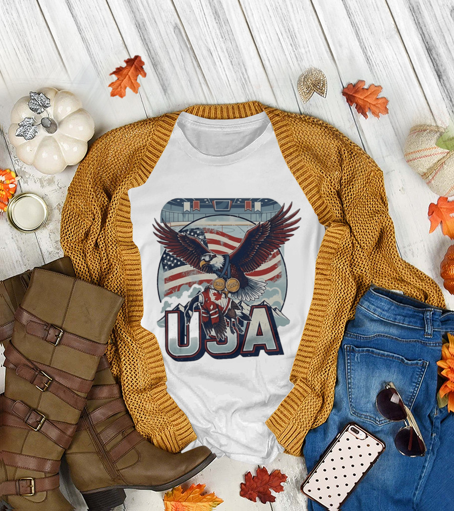 USA Hockey Eagle 1980 2026 American Flag Ice Rink T-Shirt
