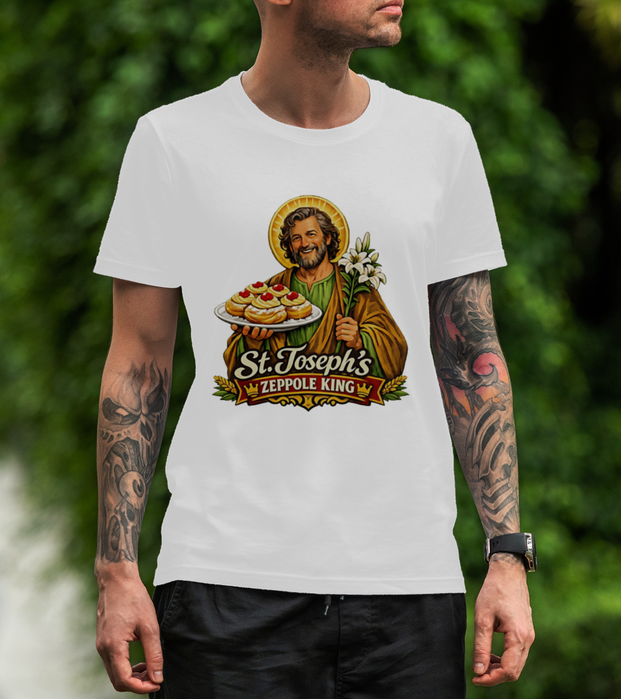 St Joseph's Zeppole King Saint Holding Tray With Flowers T-Shirt