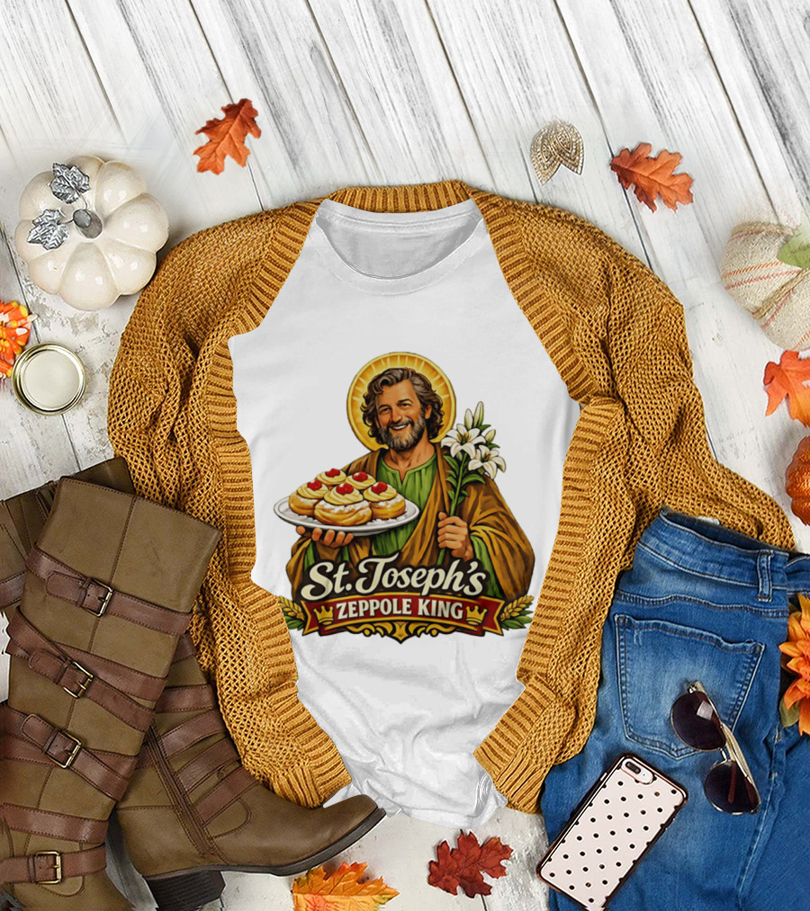 St Joseph's Zeppole King Saint Holding Tray with Flowers T-Shirt