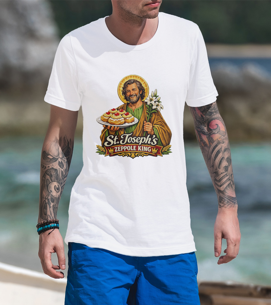 St Joseph's Zeppole King Saint Holding Tray With Flowers T-Shirt