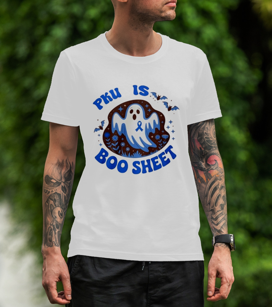 PKU Is Boo Sheet Ghost With Awareness Ribbon And Bats T-Shirt