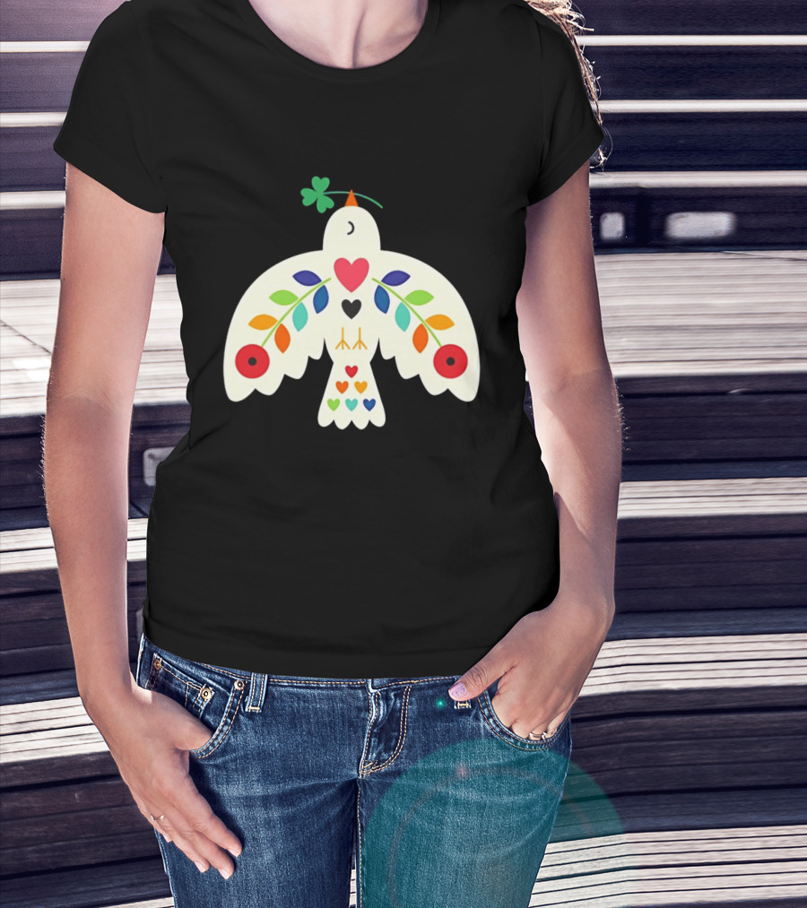 Luck Peace Love Dove With Shamrock And Colorful Hearts T-Shirt