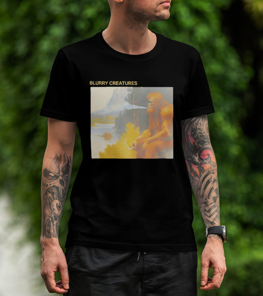 Bigfoot Blurry Creatures Smoking By Lake Mountain Scene T-Shirt